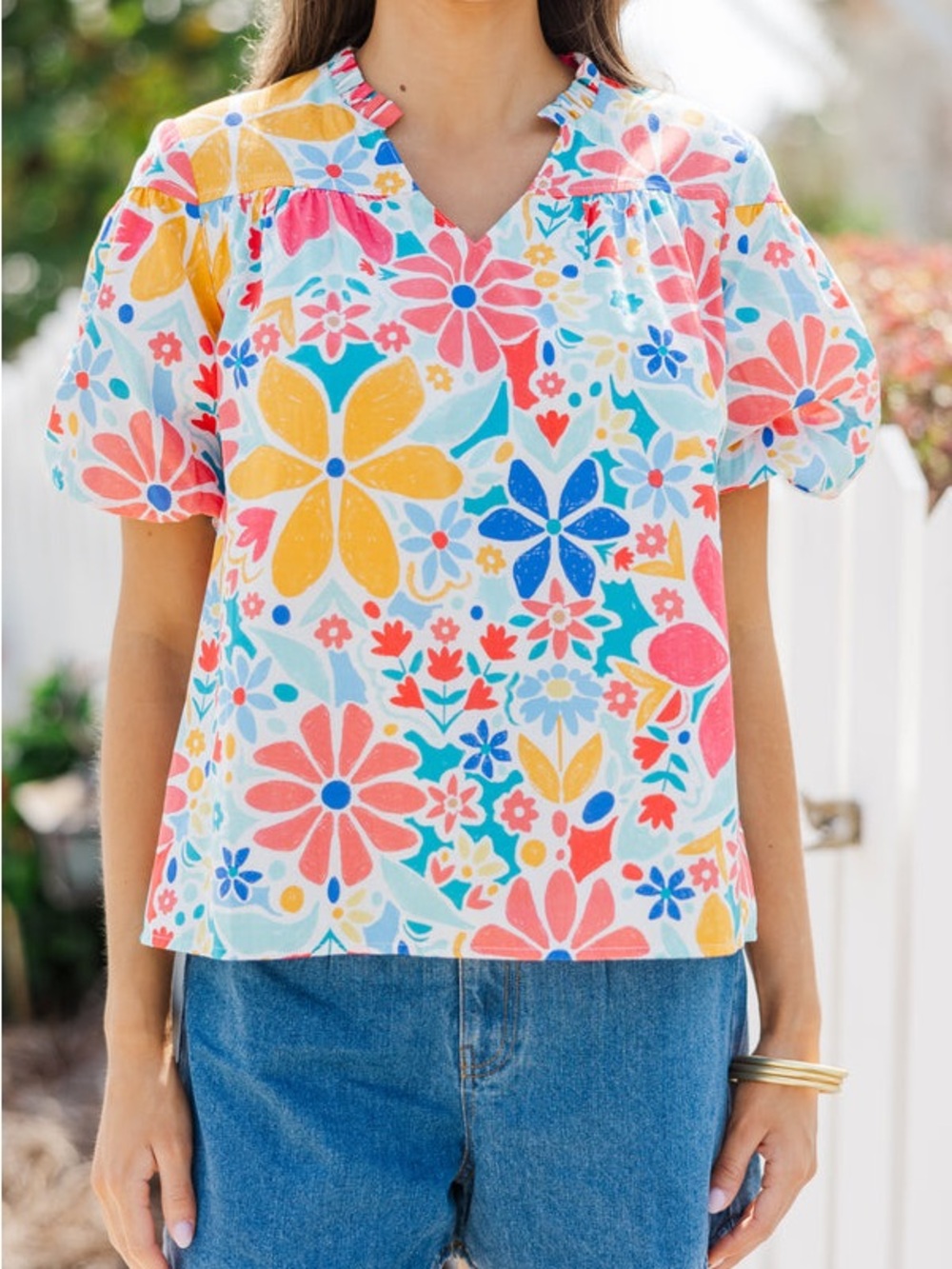 Fate Multicolor Floral V-Neck Puff Sleeve Blouse